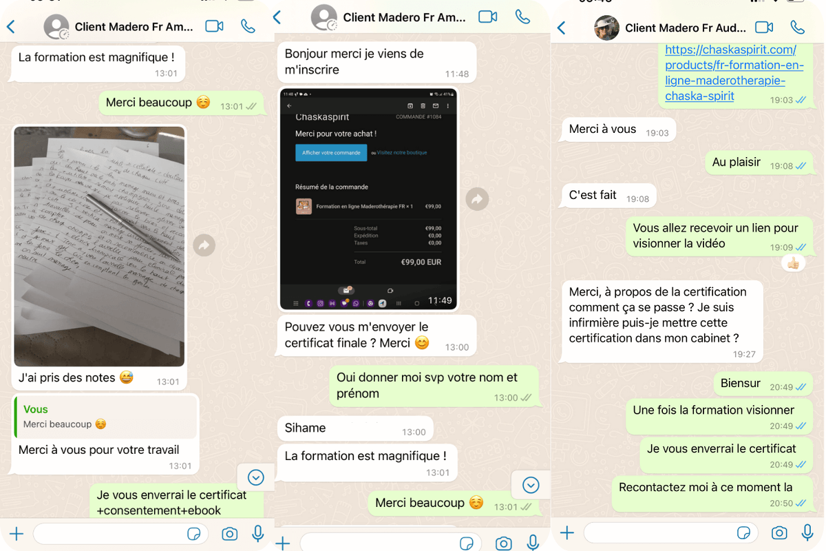 Avis des clientes sur la formation en ligne maderothérapie du visage Chaska Spirit